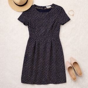 BODEN Navy Blue W/ White&yellow Dots S Sleeve Shift Zip Back Cotton Dress. Sz 8